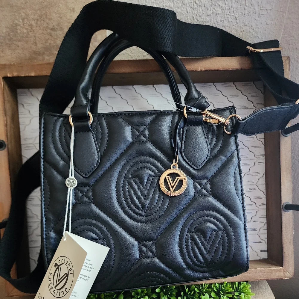 Vince Camuto Black Quilted Leather Satchel with Gold Charm